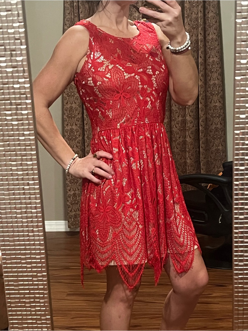 love, Fire Red Floral Lace Sleeveless Mini Dress